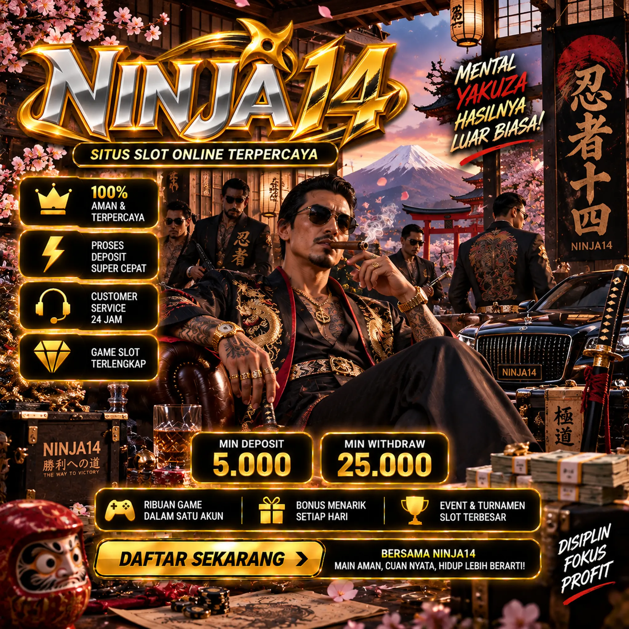 Banner NINJA14 bergambar kelompok yakuza Jepang, bunga sakura, Gunung Fuji, katana, dan mobil hitam